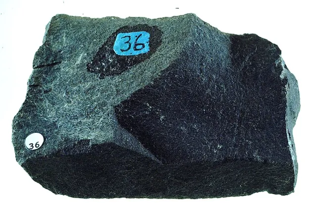 Dark basalt hand specimen with a fine-grained surface